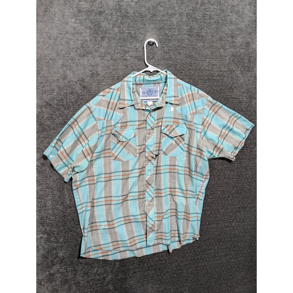 American Hero Mens XL Western Pearl Snap Shirt Plaid Turquoise Distressed XL